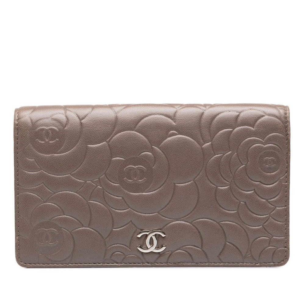 Chanel Coco Mark Camellia Embossed Long Wallet, Greige Silver Lambskin, Women...